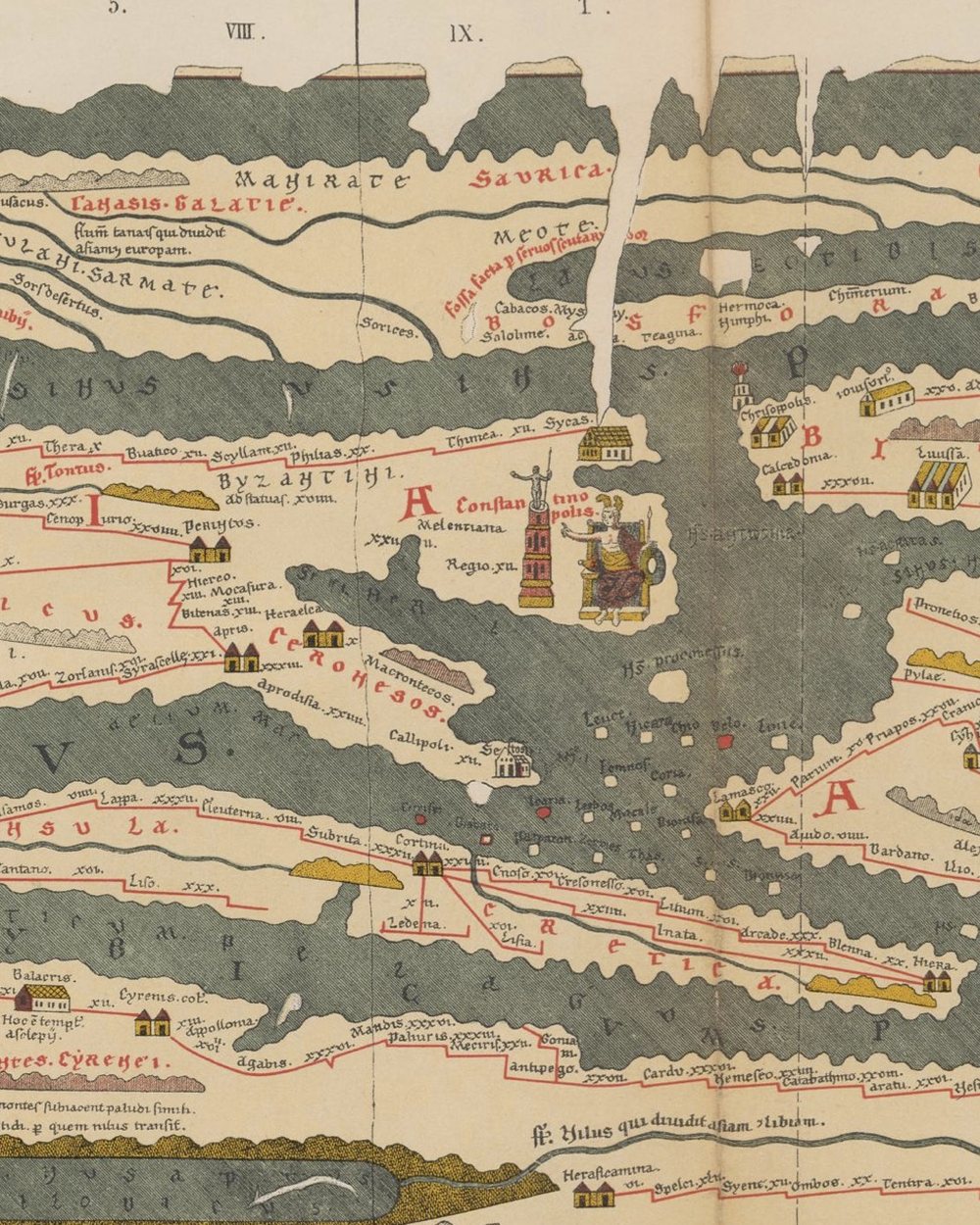 Участък от римската пътна карта Tabula Peutingeriana с Тракия, Черно море и Константинопол