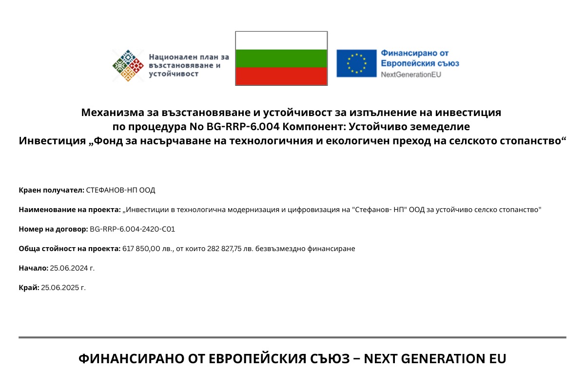 Информационен плакат на проект BG-RRP-6.004-2420-C01: Финансирано от Европейския съюз, NextGenerationEU; 617 850,00 лв. обща стойност, от които 282 827,75 лв. безвъзмездно; период 25.06.2024 – 25.06.2025